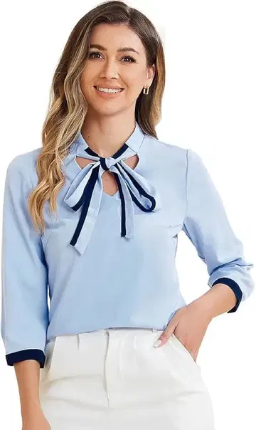 블라우스 넥타이 V넥 셔츠 버튼 소매 라이트 블루 XL