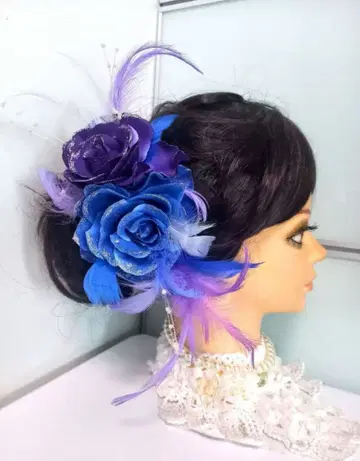 라메 포함 파랑 x 보라색 장미 x 깃털 머리 장식 유카타 일본 의류