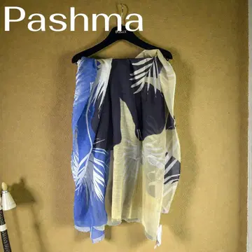 [ 새상품급 ] Pashma 리프 무늬 스톨 파랑 베이지 인도산 택 포함