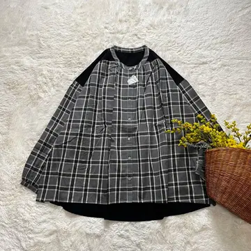 새상품 밴드 카라 셔츠 블라우스 코튼 그레이 체크 M~L