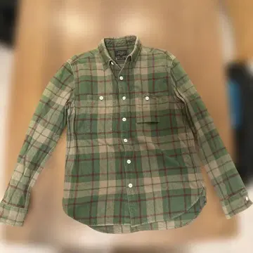 BEAMS 그린과 베이지 체크 긴팔 플란넬 셔츠