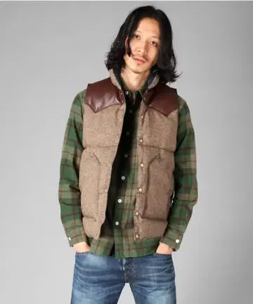 BEAMS 그린과 베이지 체크 긴팔 플란넬 셔츠