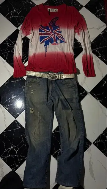 y2k 펑크 영국 국기 디자인 긴팔 티셔츠 빨간색