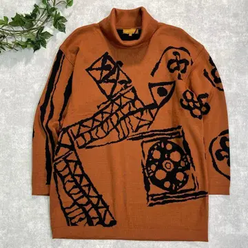 란셀 Lancel 브라운 계열 아트 패턴 하이넥 롱 니트 레트로