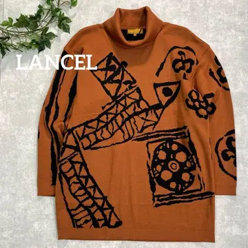 란셀 Lancel 브라운 계열 아트 패턴 하이넥 롱 니트 레트로