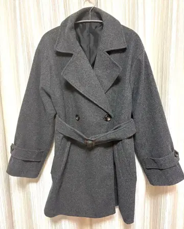mysty woman 그레이 더블 브레스트 피 코트 프리 사이즈