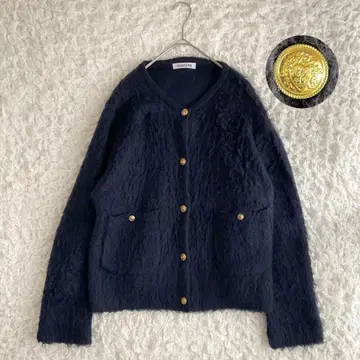 [ 알파카 혼방 ] BABYLONE 샤기 니트 가디건 네이비 골드 버튼