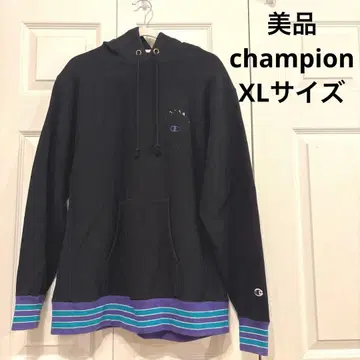 Champion 블랙 후드티 스트라이프 밑단