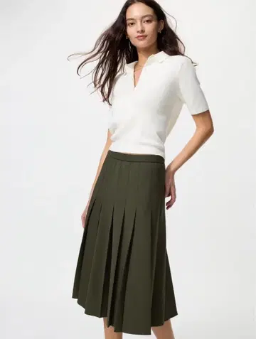 와이드 플리츠 미디 스커트 올리브 S 사이즈