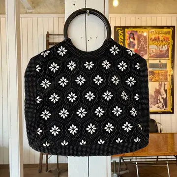 vintage 비즈 장식 꽃무늬 블랙 핸드백 쇼와 레트로