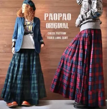 PAOPAO 오리지널 체크 무늬 티어드 롱 스커트