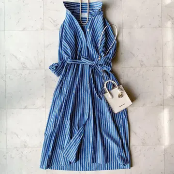 유나이티드 애로우즈 스트라이프 롱 셔츠 원피스 벨트 포함 블루 계열