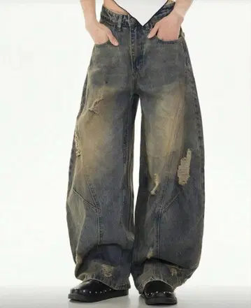 데미지 가공 와이드 레그 데님 팬츠