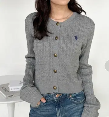 U.S. POLO ASSN. 골드 버튼 자수 케이블 니트 가디건 L