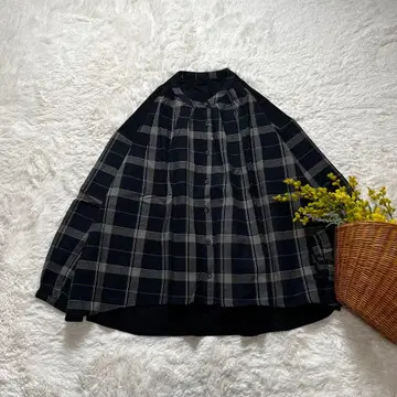 새상품 밴드 카라 셔츠 블라우스 코튼 블랙 체크 M~L