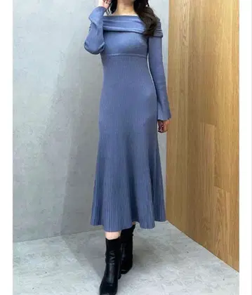 MERCURYDUO 오프숄더 머메이드 니트 원피스 블루