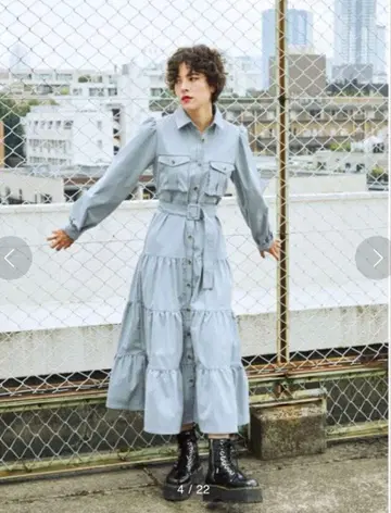 컬러 스티치 밀리터리 티어드 원피스