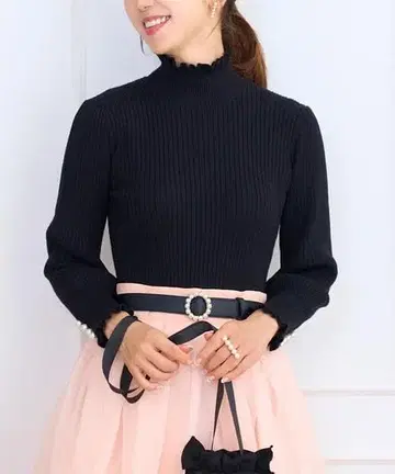 프리마셰레 프릴 펄 장식 리브 니트