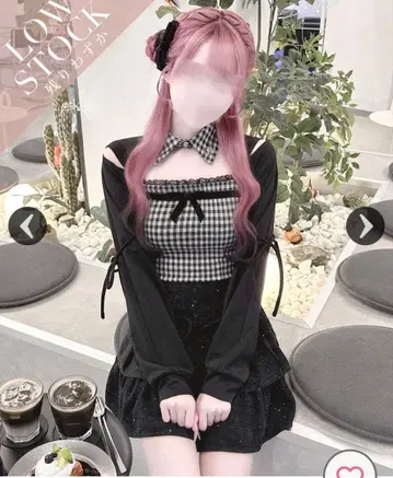 HONEYMEW 허니뮤우 리본 슬릿 체크 앙상블 상의