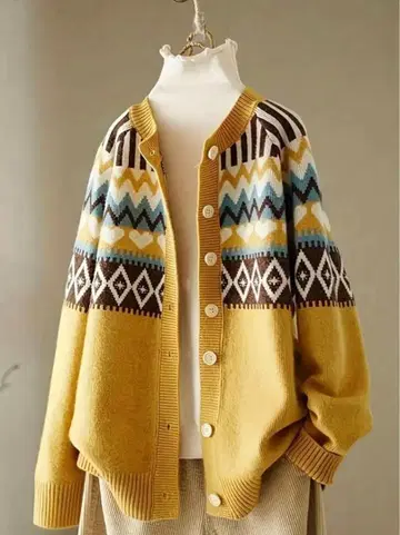 기하학 패턴 니트 가디건 머스타드