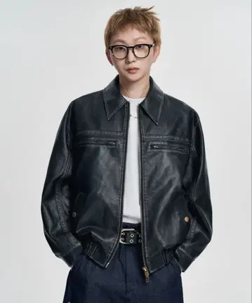 Washed Synthetic Leather Jacket -Black