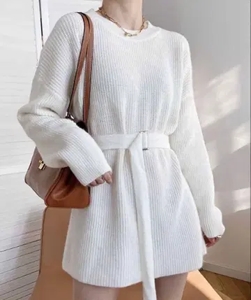 벨트 니트 튜닉 원피스 화이트 한국 패션