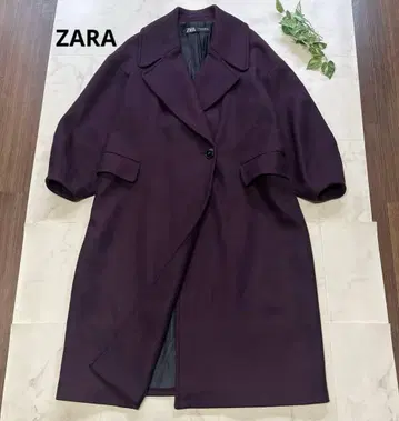 ZARA 자라 맥시 길이 울 코트 M 보라색 체스터 코트 퍼프 슬리브