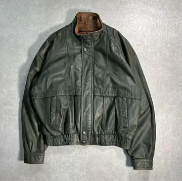 90s LEATHER LIMITED 천연 가죽 가죽 자켓 짙은 녹색 그린