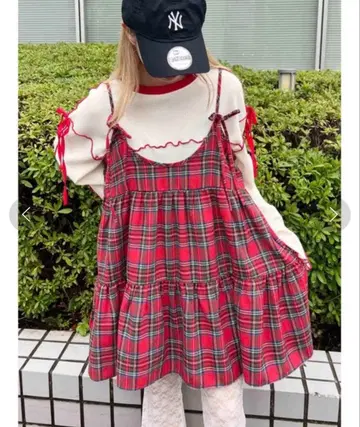 WC 리본 세트 체크 티어드 미니 원피스