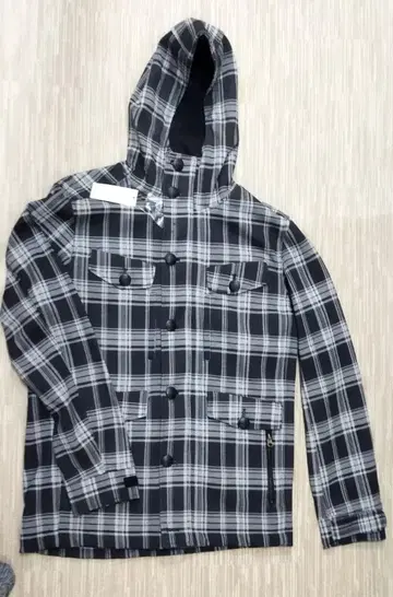 후드 부착 체크 무늬 자켓