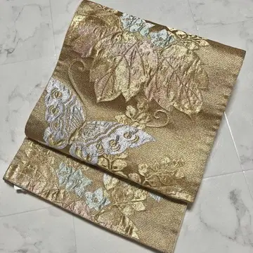 [ 후쿠로 오비 ] 금 골드 나비 꽃 럭셔리 [ 순수 실크 ]