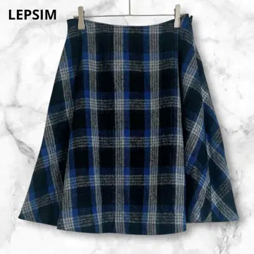 렙심 체크 무늬 플레어 스커트 무릎 기장 L 블루 블랙 올 패턴
