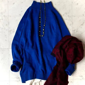 OFAKIND 실크 코튼 워셔블 자카드 니트 하이넥 블루