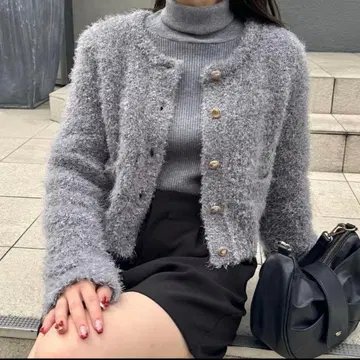 라메 샤기 금장 버튼 컴팩트 가디건