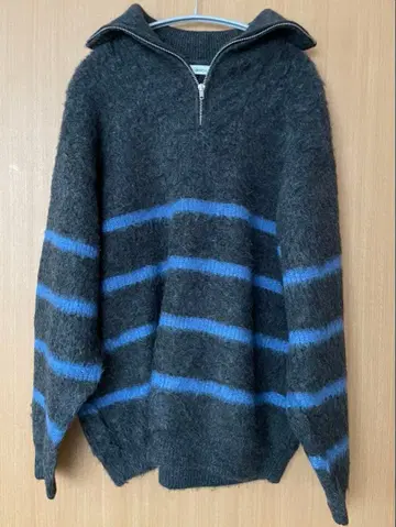 Oncily 하프 지퍼 재기 보더 니트 블루 네이비 M 사이즈