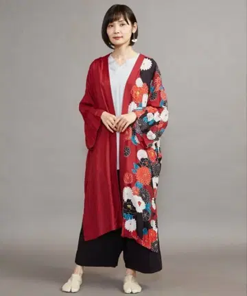 새상품 카야 재패니즘 축하 긴 겉옷 빨간색 부채 가디건 앤티크 와