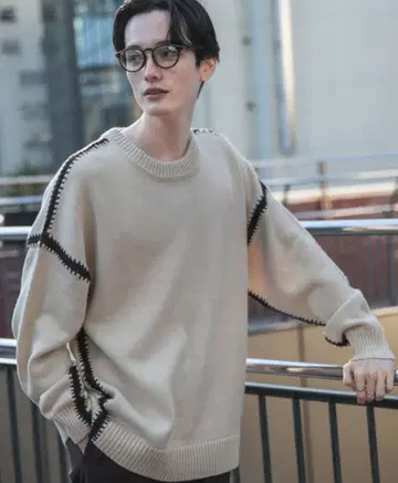 RAGEBLUE 핸드 스티치 니트 크루 화이트 L 사이즈