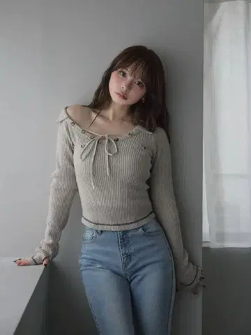 Anita button knit tops beige
