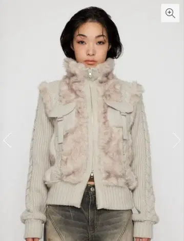 lagua gem 케이블 니트 폭스 퍼 블루종 아이보리