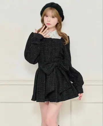 apres jour LS 리본 세트 상의 미니 스커트 블랙 트위드