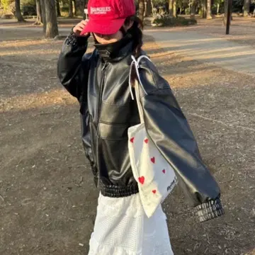 블랙 페이크 가죽 자켓 더블 지퍼 M 사이즈