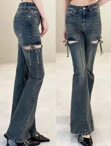 RESEXXY 컷 아웃 리본 데님 팬츠 블루 XS 사이즈