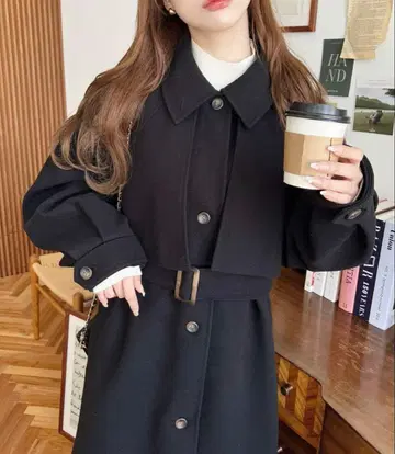 블랙 울 코트 벨트 포함 미사용에 가까움