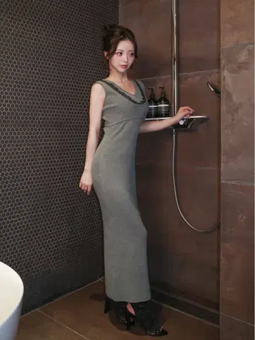 엣지 레이스 니트 롱 원피스