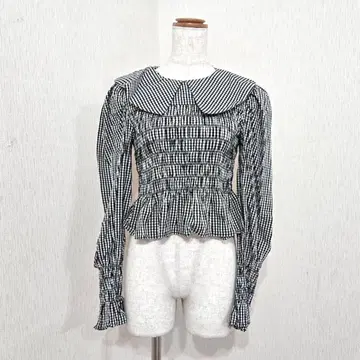 자라 깅엄 체크 셔링 블라우스 빅 칼라 화이트 블랙 ( S )