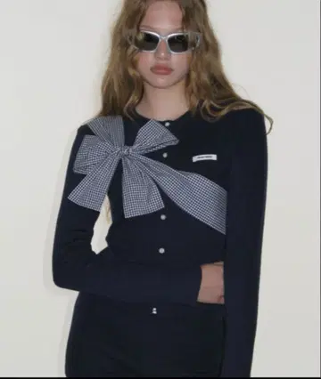 CRANK 리본 타이 니트 가디건 네이비