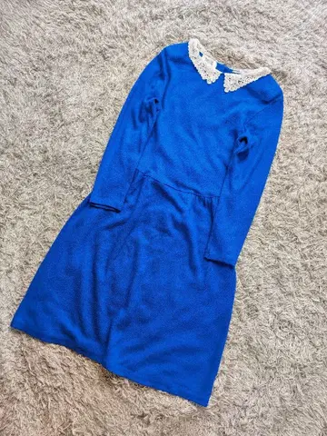 80s 90s 아카이브 레트로 원피스 레이스 카라 로얄 블루 니트