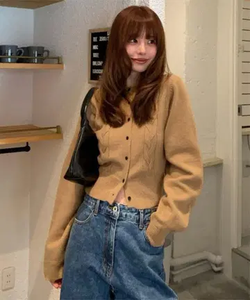 titivate 케이블 디자인 니트 가디건 카멜 L 사이즈