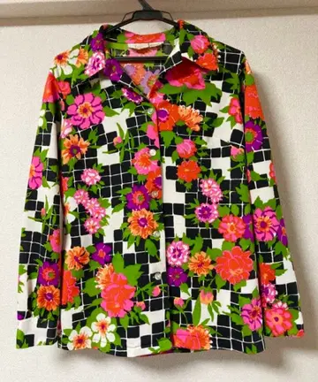 꽃무늬 체크 긴팔 셔츠 여성용 L 컬러풀 쇼와 레트로 올 패턴 사이키