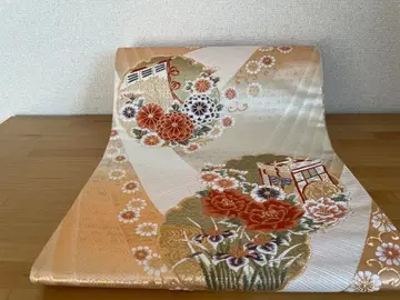 실크 후쿠로 오비 꽃무늬 골드 컬러 오렌지